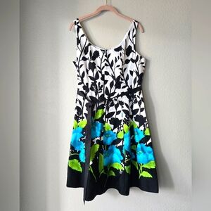 Floral Black and White Dress With Vivid Blue Flowers, Tie Belt, Size 12p